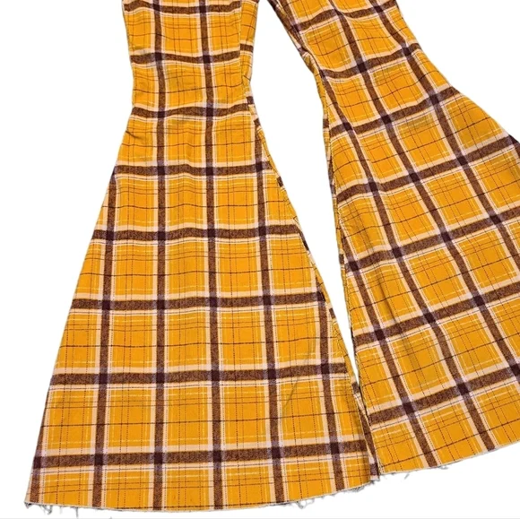 Free People Just Float On Wide Flare Bell Bottom Corduroy Pants Mustard Plaid 26 - Picture 8 of 16